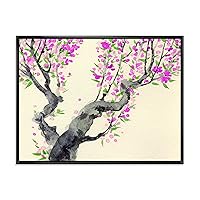 Purple Flowers on Japanese The Tree - Traditional Framed Canvas Wall Art Print, 32x24