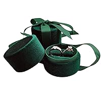 Velvet Ring Box - Gorgeous Round Wedding Ring Bearer Box with Elegant Ribbon Bow Vintage Jewelry Holder Gift Organizer for Proposal, Engagement, Ceremony, Photography (Green)
