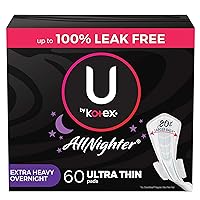 U by Kotex AllNighter Extra Heavy Overnight Feminine Pads with Wings, Ultra Thin, 60 Count (3 Packs of 20) (Packaging May Vary)