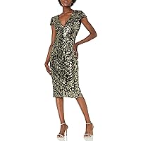 Dress the Population Women's Allison Plunging Sequin Fitted Midi Cap Sleeve Sheath Dress