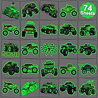 CHARLENT Glow in The Dark Monster Truck Temporary Tattoos for Kids Party Supplies - 74 Individually Sheets Luminous Monster Truck Tattoos for Boys Birthday Party Favors Goodie Bag Fillers