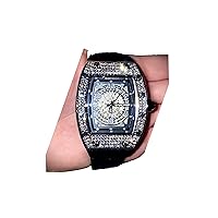 Men's Square Fashion Silver Numerical Dial Wrist Watch Black Band Luxury Round CZ Diamond Iced Bracelet Watch Roman Numeric Dial Watch For Men Women Hip Hop Rapper Choice, Iced Out Bust Down Watch