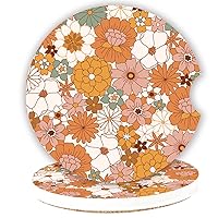 Boho Car Cup Holder Coasters, Hippie Car Accessories Interior Aesthetic for Women, Retro Car Decoration Gifts (White Flower)