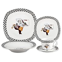 Lorren Home Trends Porcelain 20 Piece Square Dinnerware Set Service for 4-Chef Design, Black