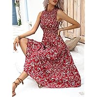Fall Dresses for Women 2023 Floral Print Layered Hem Dress Dresses for Women (Color : Red, Size : Small)