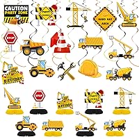 9Pcs Construction Birthday Party Decor for Boys,Dump Truck Car Cone Topper Honeycomb Hanging Swirl 3D Table Decoration for Kids Construction Zone Party Baby Shower Party Supplies