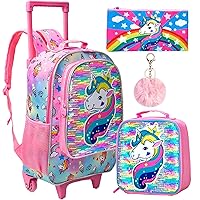 3PCS Rolling Backpack for Girls, Kids Roller Wheels Bookbag, Wheeled School Bag with Lunch Bag - Unicorn