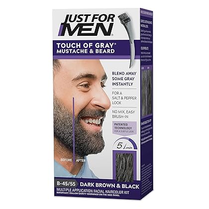 Just For Men Touch of Gray Mustache & Beard, Beard Coloring for Gray Hair with Brush Included for Easy Application, Great for a Salt and Pepper Look - Dark Brown & Black, B-45/55, Pack of 1