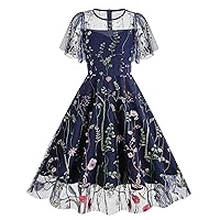 Wellwits Women's Flutter Sleeves Sheer Floral Embroidery Mesh Cocktail Formal Vintage Dress