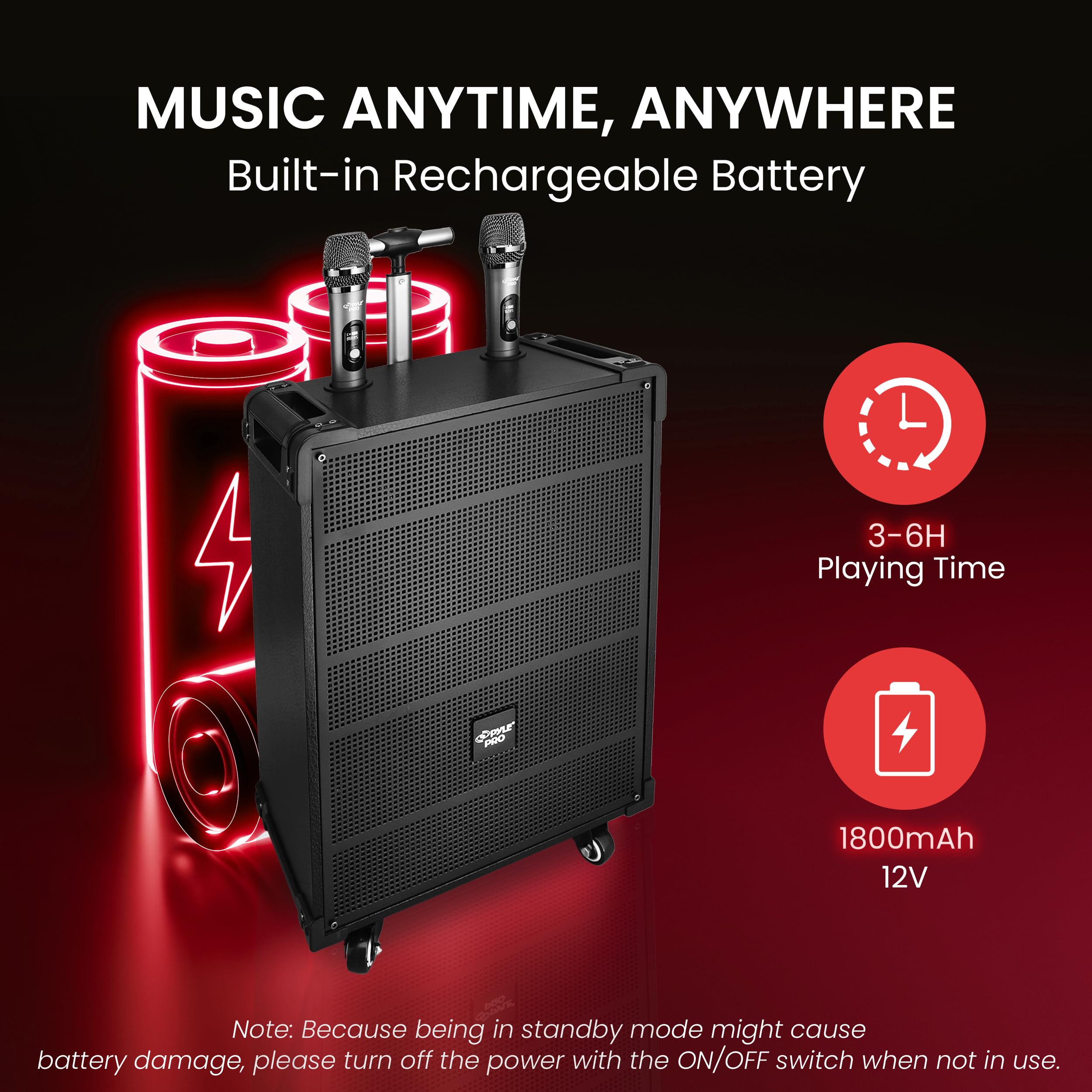 Pyle 10'' Portable Wireless Bluetooth Speaker System - Built-in Rechargeable Battery, Wireless Microphone, USB/Micro SD/FM - 600 Watt FM Radio with Digital LED Display, PWMA1099A