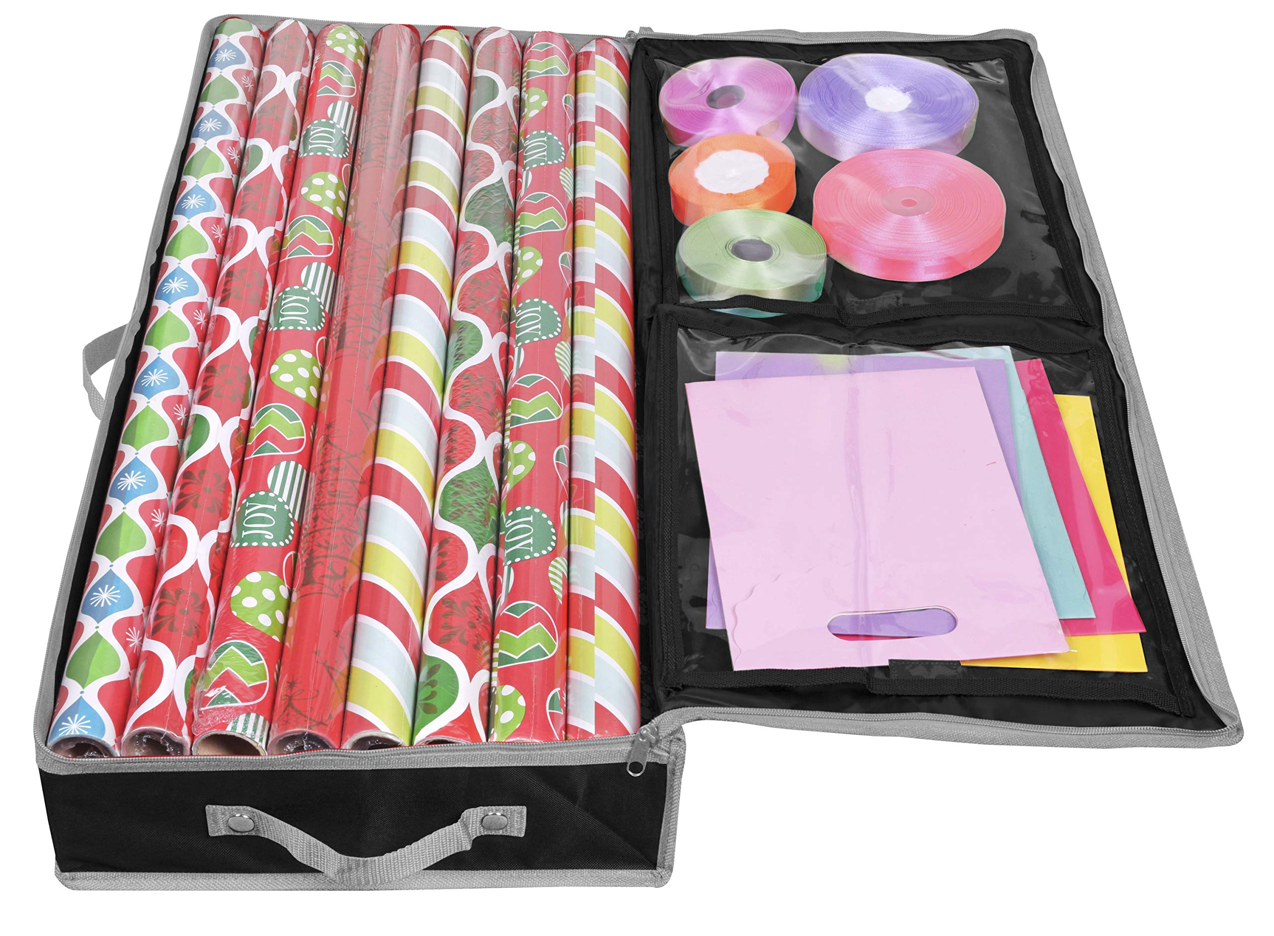 Primode Wrapping Paper Storage Container, Under Bed Gift Wrap Organizer for 30 Inch Wrapping Paper, 31”x13.5”x4.5”, Durable 600D Oxford Material, Storage Box Holder with Pockets for Ribbon, Bows, and Accessories (Black)