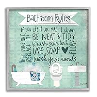 Stupell Industries Aqua Blue Bathroom Rules Collage Look Typography, Design by Katie Doucette Gray Framed Wall Art, 12 x 12, Green