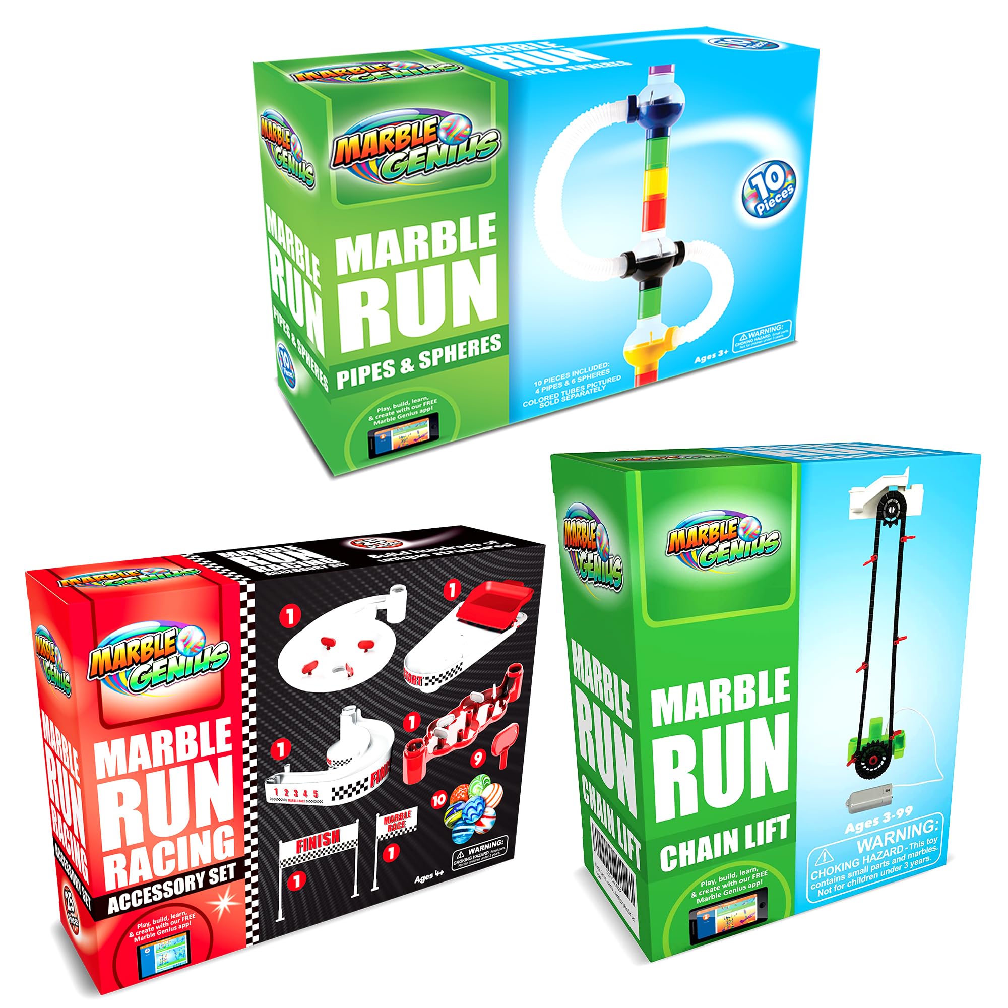 Marble Genius Bundle: Marble Racing Booster Set (10 Pieces), Automatic Chain Lift, Marble Run Pipes & Spheres Accessory (10 Pieces), Experience The Thrills of Marble Racing