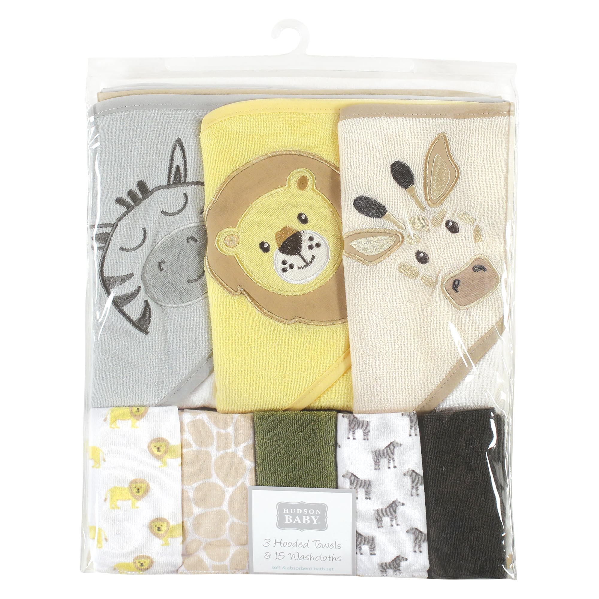 Hudson Baby Unisex Baby Animal Hooded Towel 3pk and 15 Washcloths, Safari, One Size