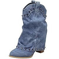 Women Slouchy Cowboy Boots Denim Mid Calf Chunky Heel Retro Cowgirl Block Boot Pull on Round Toe Western Fashion Boots