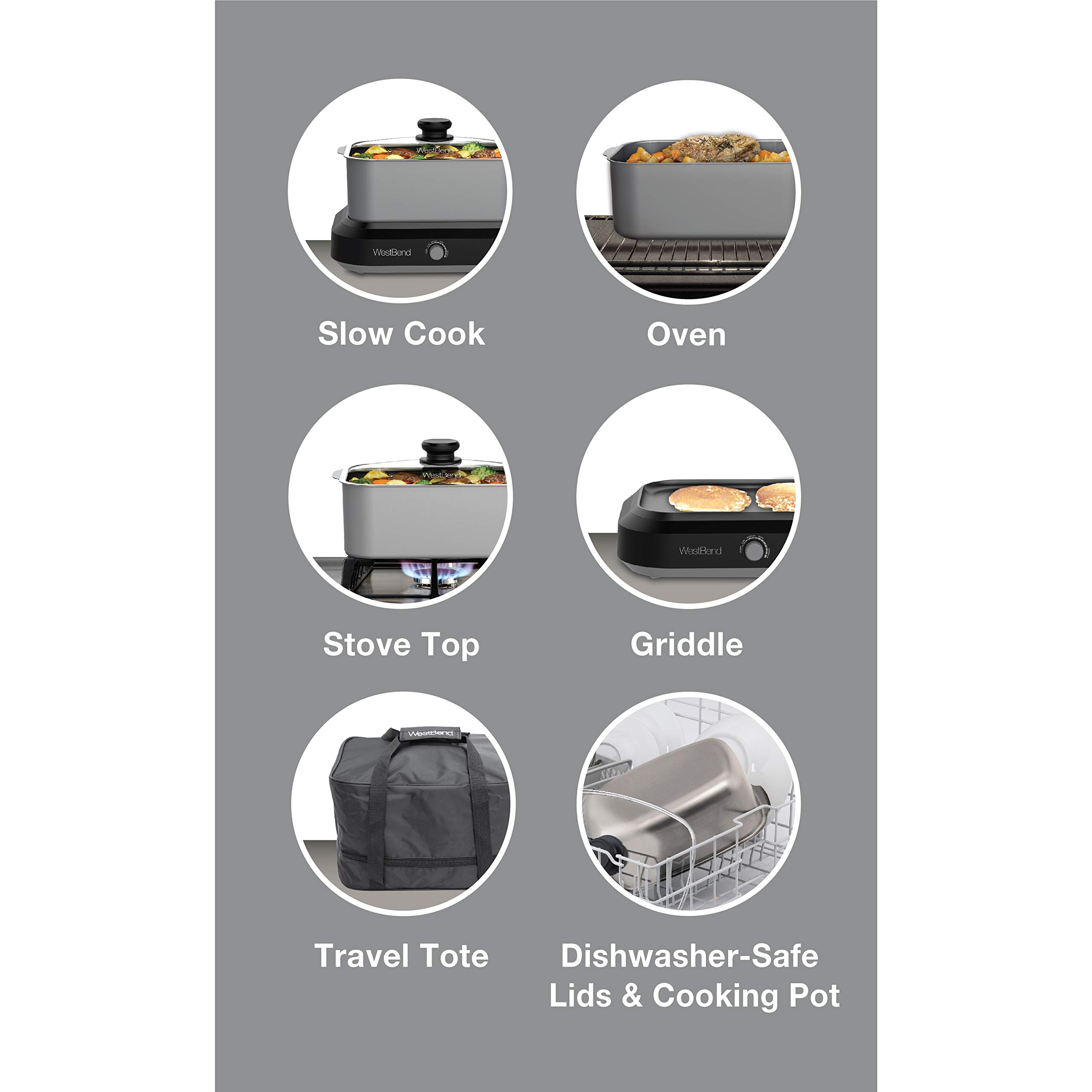 West Bend 87905 Slow Cooker Large Capacity Non-stick Variable Temperature Control Includes Travel Lid and Thermal Carrying Case, 5-Quart, Silver