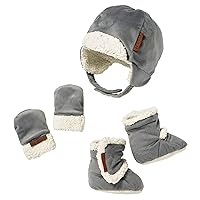 JJ Cole Graphite Gray Winter Baby Hat, Mittens, Booties Set - Infant to 6 Months, Sherpa Lined, Adjustable - Unisex Babies Essentials