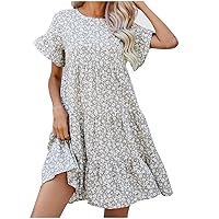 Boho Floral Ruffle T-Shirt Dress Women Casual Flowy Mini Dresses Summer Short Sleeve Crewneck Babydoll Tunic Dress