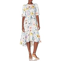 Calvin Klein Women's High Low Dress with Flounce Skirt and Puff Sleeves