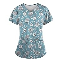 Scrub Tops for Women Medical Workwear Stretch Fashion Funny Printed Plus Size Short Sleeve Nursing Uniform Scrub Tops