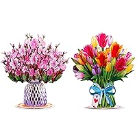 HugePop Flower Bouquet Pop Up Cards 2 Pack - Includes 1 Cherry Blossom Bouquet and 1 Tulip Flower Bouquet, Gift For Mothers Day, Birthday, Valentines Day, All Occasions - Jumbo 10