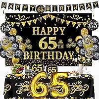 Trgowaul 65th Birthday Decorations Set Includes Black and Gold 5.9 X 3.6 Ft Backdrop, Birthday Banner, 24 Guests Dinnerware, Latex and Number Balloons
