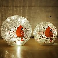 Crackle Glass Cardinal Lamp Battery Operated Globe Lamp for Women Stylish Cardinal Decor Ornaments Red Bird Pattern Stained Glass Lamp Mother's Day Gifts 2 Pack (6in & 5 in)