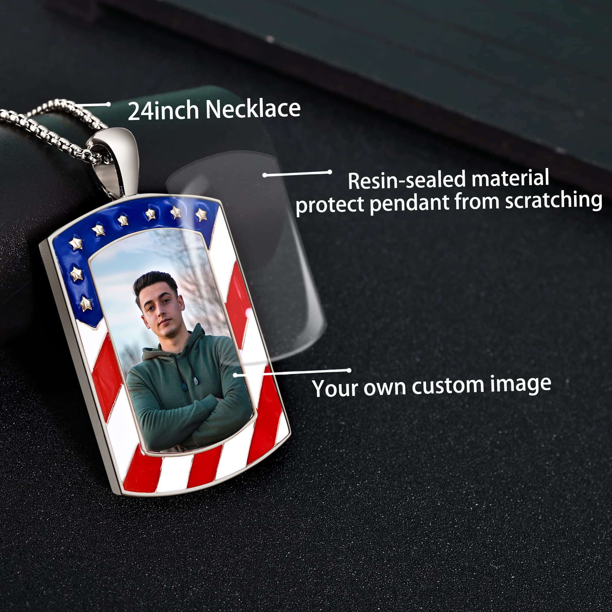 Fanery sue Custom American Flag Picture Necklace for Men Women, Personalized Dog Tag Necklace for Boyfriend Husband, Engraved memory Quotes- Keep Someone Always by Your Side