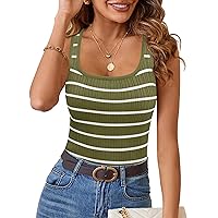 ZESICA Sleeveless Tank Tops for Women Square Neck Top Striped Shirts Basic Ribbed Knit Blouses 2024 Fashion Summer Clothes