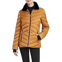 Women's Short Puffer Jacket with Faux Fur Trimmed Hood, Water Resistant