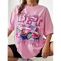 Women's Tops Sexy Tops for Women Women's Shirts Car & Letter Graphic Drop Shoulder Tee Shirts for Women (Color : Pink, Size : X-Small)
