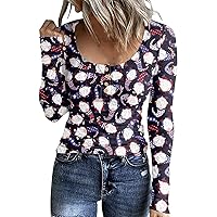 Long Sleeve Shirts For Women Button Scoop Neck Tops Casual Long Sleeve Tunic Xmas Trendy Slim Fit Comfy Outfit