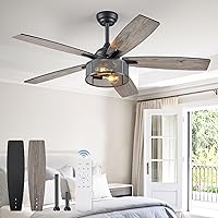Farmhouse Ceiling Fans with Lights and Remote, 52 Inch Black Industrial Caged Ceiling Fans for Bedroom Living Room Kitchen, 6 Speed Reversible Quiet DC Motor, Dual Finish 5 Blades
