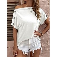 Women's T-Shirt Button Side Batwing Sleeve Tee T-Shirt for Women T-Shirt (Color : White, Size : Medium)