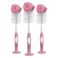 Dr. Brown's Reusable Sponge Baby Bottle Cleaning Brush Set with Suction Cup Stand, Scrubber and Nipple Cleaner, Pink, 3 Pack