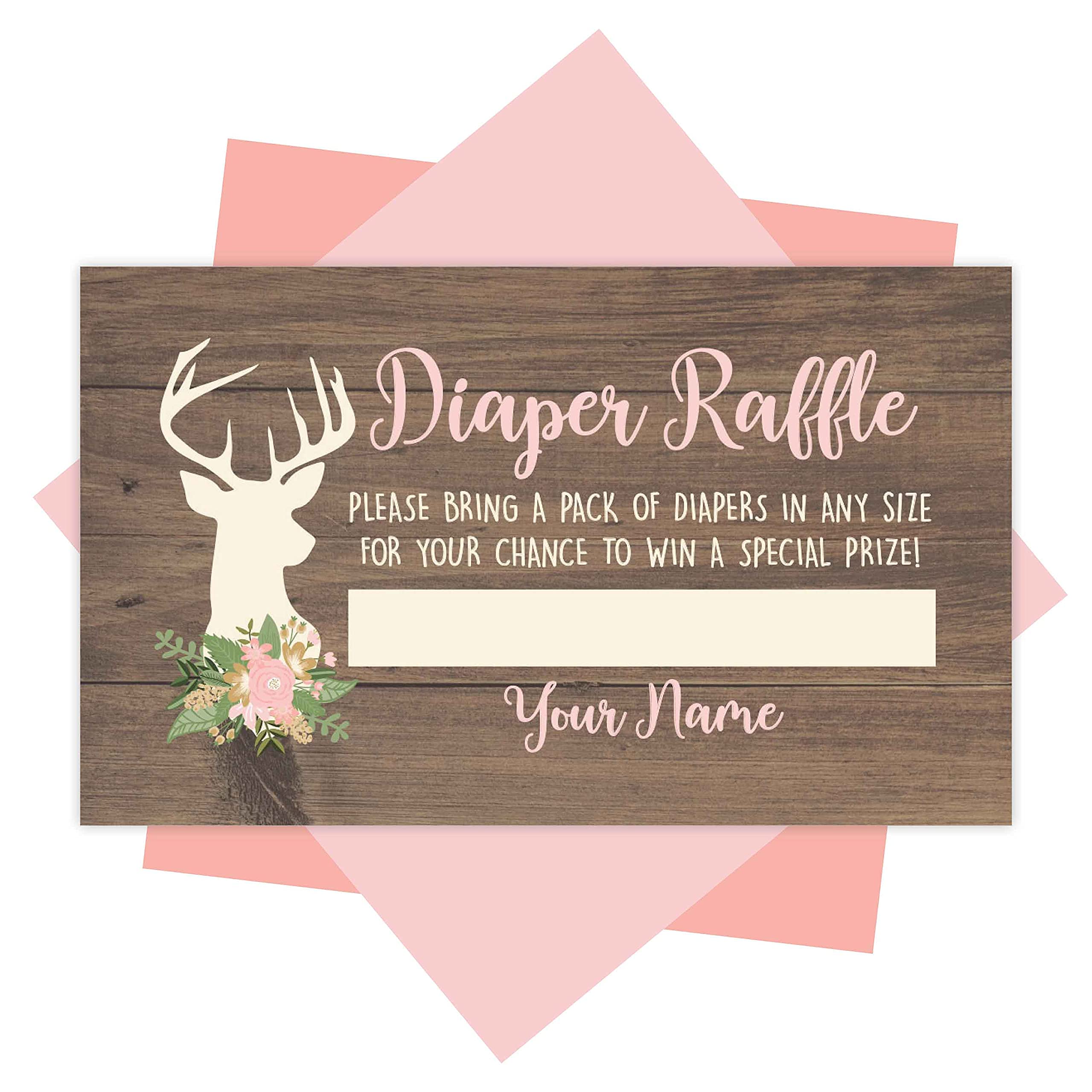 25 Oh Deer Baby Shower Invitations, 25 Baby Shower Diaper Raffle Tickets For Baby Shower Girl, Pink Rustic Buck Fill or Write in Card, Diaper Raffle Cards, Baby Shower Invitation Inserts
