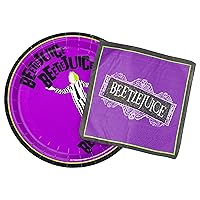 Silver Buffalo Tim Burton’s Beetlejuice and Sandworm 32 ct Paper Napkins and Plates Party Pack