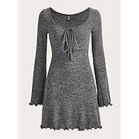 Women's Dress Dresses for Women Marled Knit Knot Front Lettuce Trim Flounce Sleeve Dress Dresses for Women (Color : Dark Grey, Size : Small)