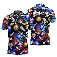 Men's Bowling Team Polo Shirt Personalized Neon Bowling Pin Short Sleeve T-Shirt for Father's Day Printed Bowling Outfit
