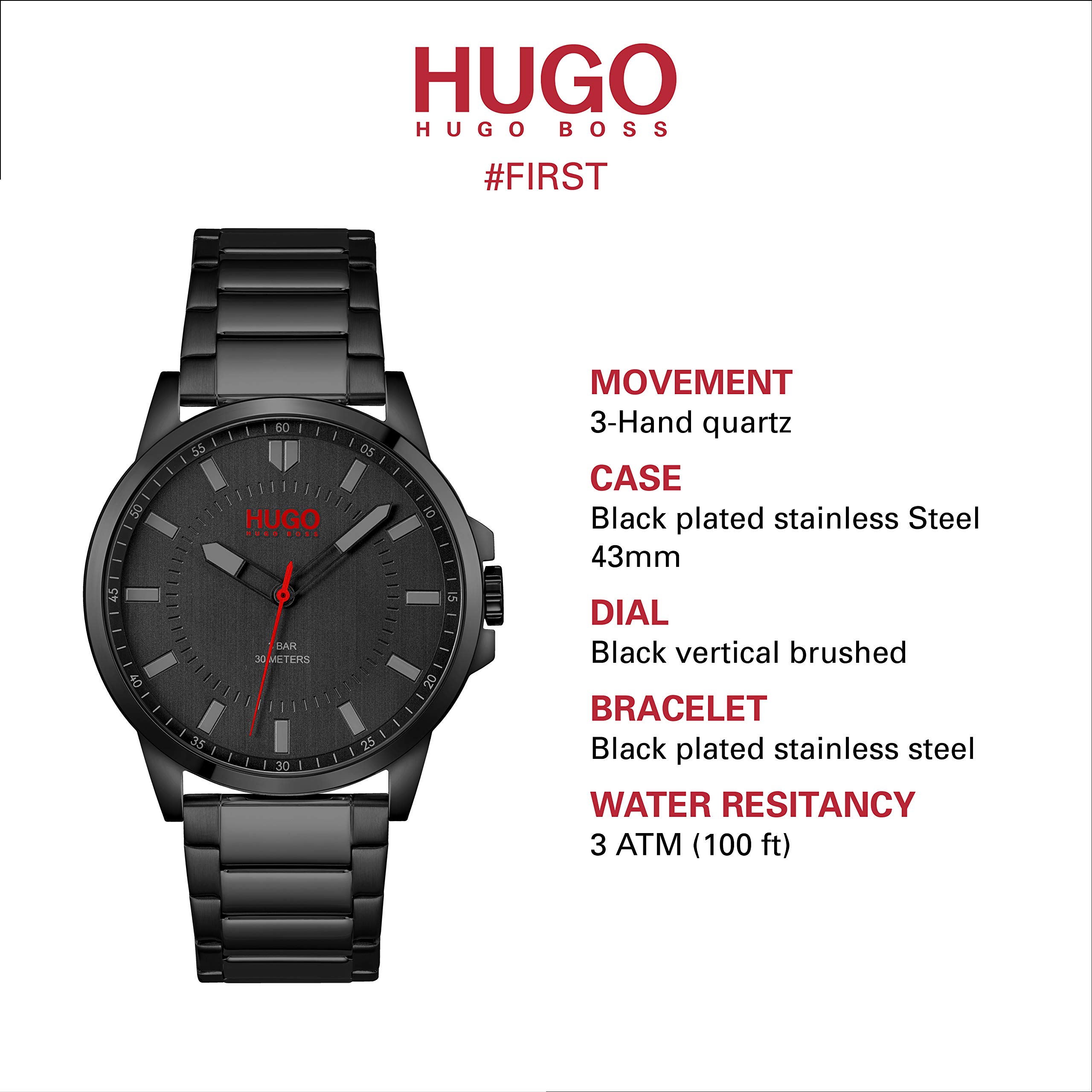 HUGO #First Men's Quartz Stainless Steel and Link Bracelet Casual Watch, Color: Black (Model: 1530187)