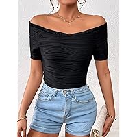 Women's Tops Shirts Sexy Tops for Women Solid Off Shoulder Tee Shirts for Women (Color : Black, Size : X-Large)