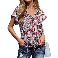 Chigant Womens Summer Floral Print Shirts Causal Short Sleeve Ruffle Boho V Neck Tie Blouses Top