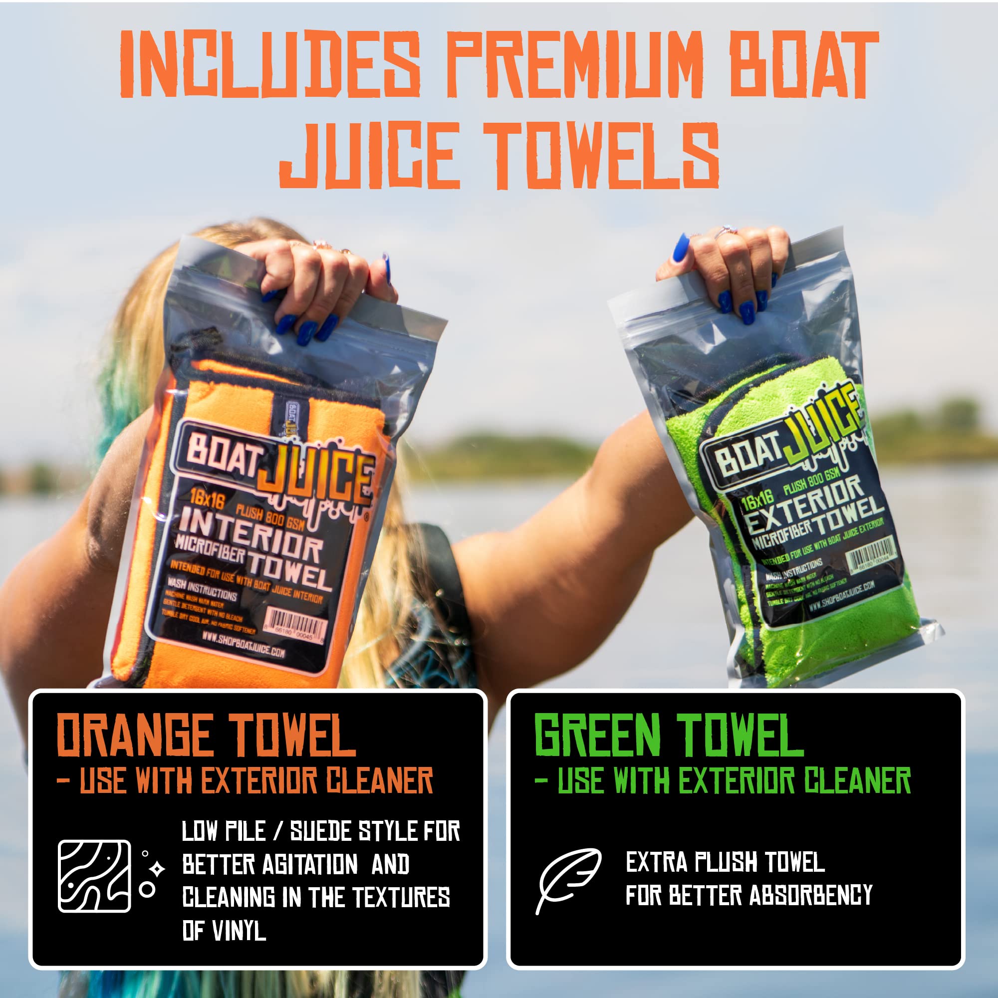 Boat Juice Boat Cleaning Kit - Exterior Boat Cleaner Water Spot Remover, Interior Boat Cleaner for Seats & Vinyl, 2 Microfiber Towels - Boat Cleaning Supplies, Boat Accessories (Kit)