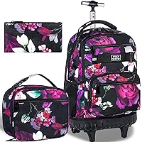 3PCS Rolling Backpack for Women, 19 Inche Adults Roller Bag with Wheels, Rose Wheeled Bookbag Set for Girls(Black)