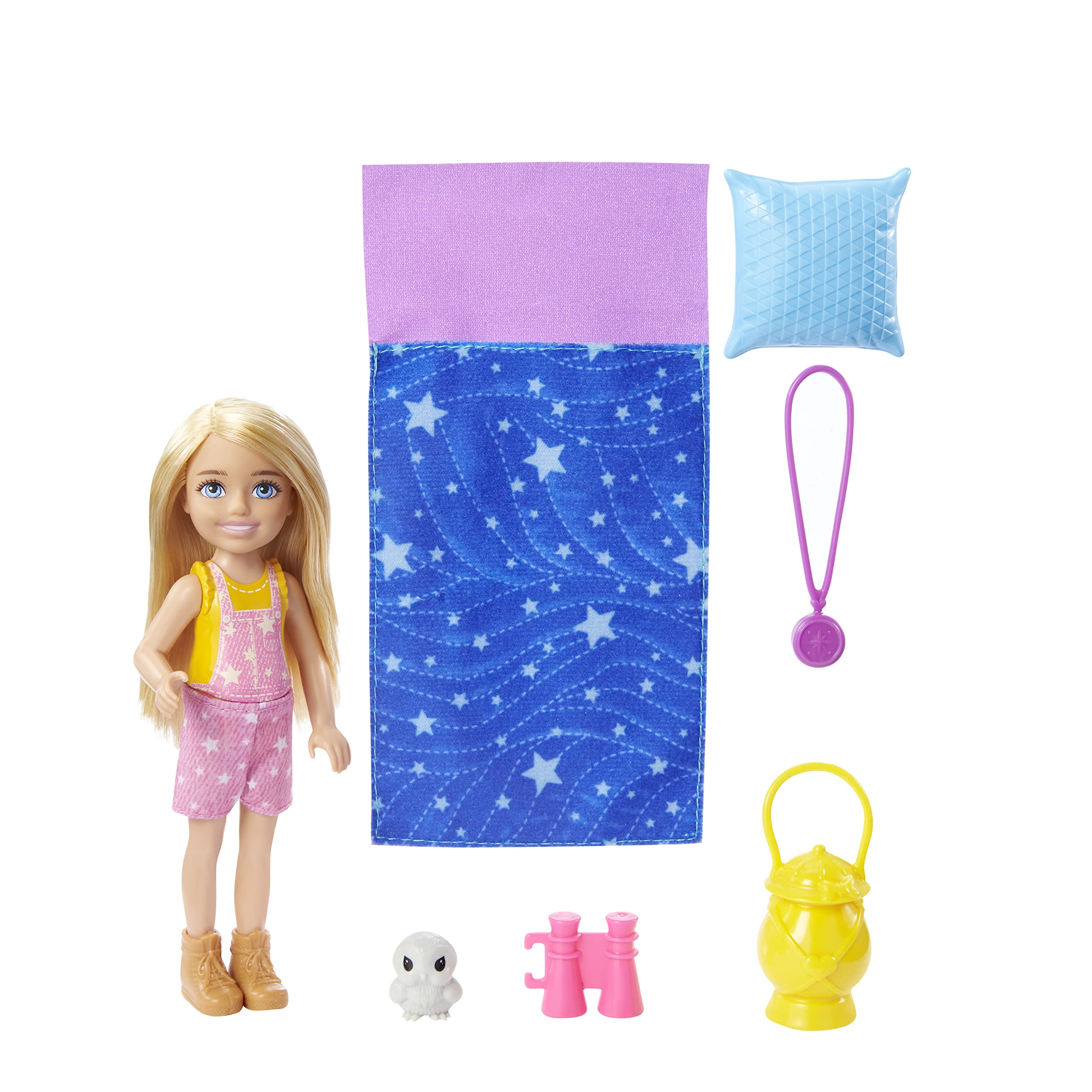 Barbie It Takes Two Doll & Accessories, Camping Playset with Owl, Sleeping Bag & Accessories, Blonde Chelsea Small Doll