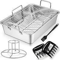 TeamFar Roasting Pan, Stainless Steel Large Turkey Roaster Pan with V Rack & Cooling Rack, Beer Can Chicken Holder & Meat Claws for Shredding & Silicone Brush, Healthy & Dishwasher Safe - 7 Pcs