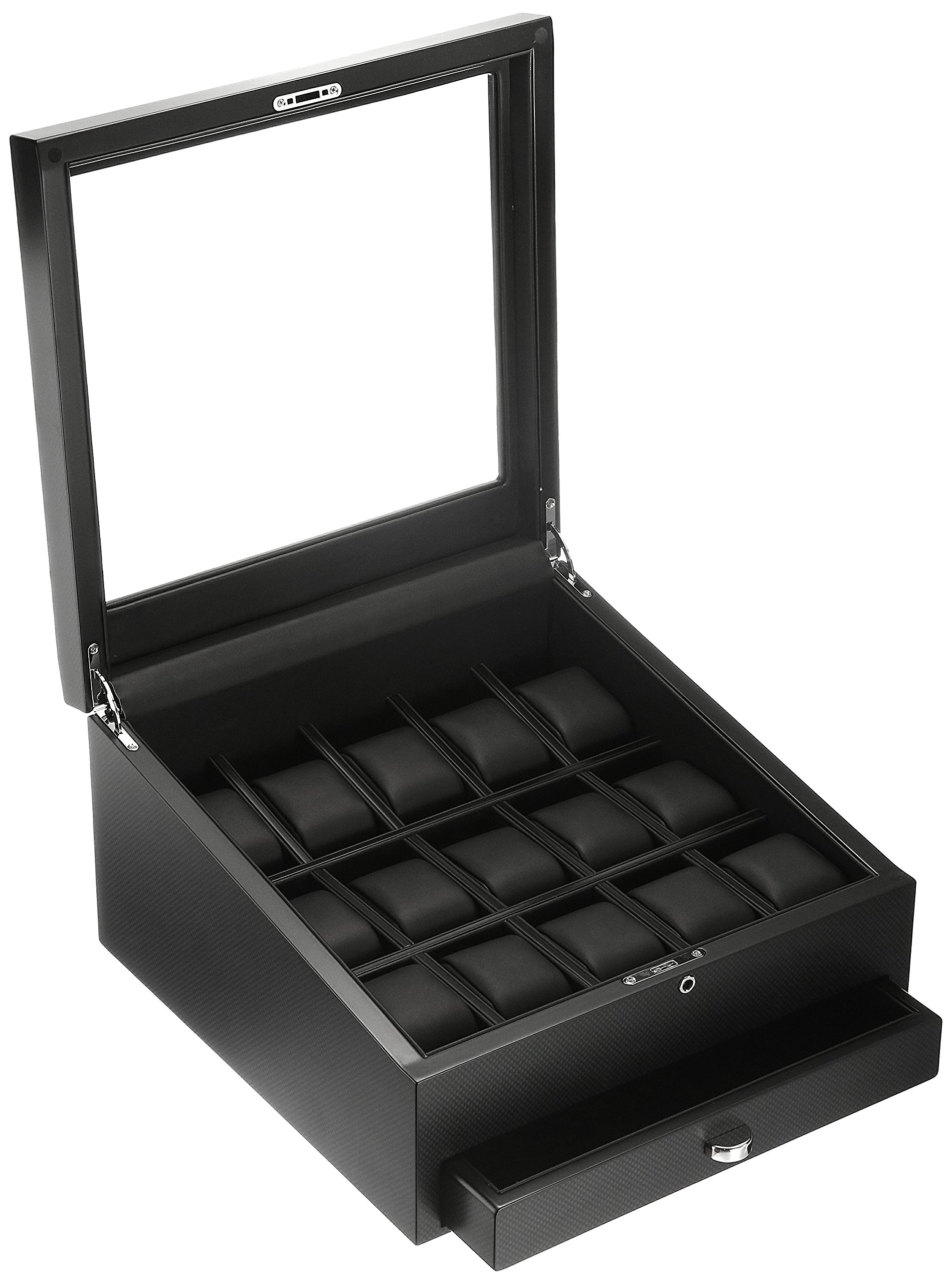 Volta Lockable 15-Watch Leather-Lined Matte-Finished Case with See-Through Top and Storage Drawer