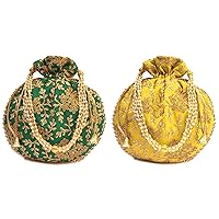 Indian Embroidered Green & Yellow Potli Bag with Pearls Handle Purse Party Wear Ethnic Clutch for Women Combo of 2