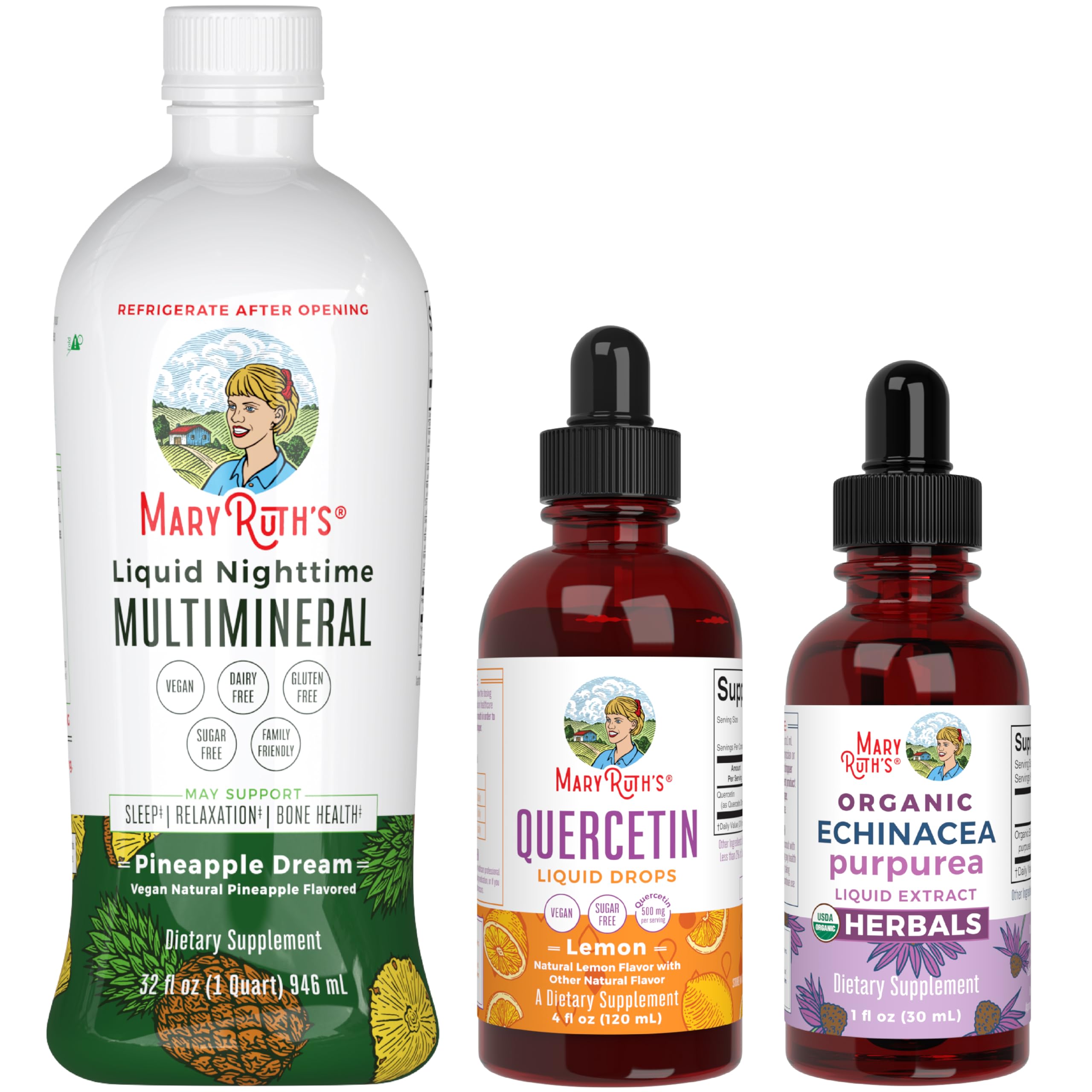 MaryRuth's Liquid Mineral Supplement for Women, Men, and Kids, Quercetin Supplement Drops Bioflavonoid, and Echinacea Purpurea Liquid Extract Herbal Supplement, 3-Pack Bundle, Vegan, Non-GMO