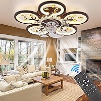 22.8 Inch Flower Ceiling Fan with Lights Remote Control, Silent 6 Speed 3 Color Dimmable Lamp with Invisible Blades for Indoor Bedroom Living Room Home Decoration (Brown)